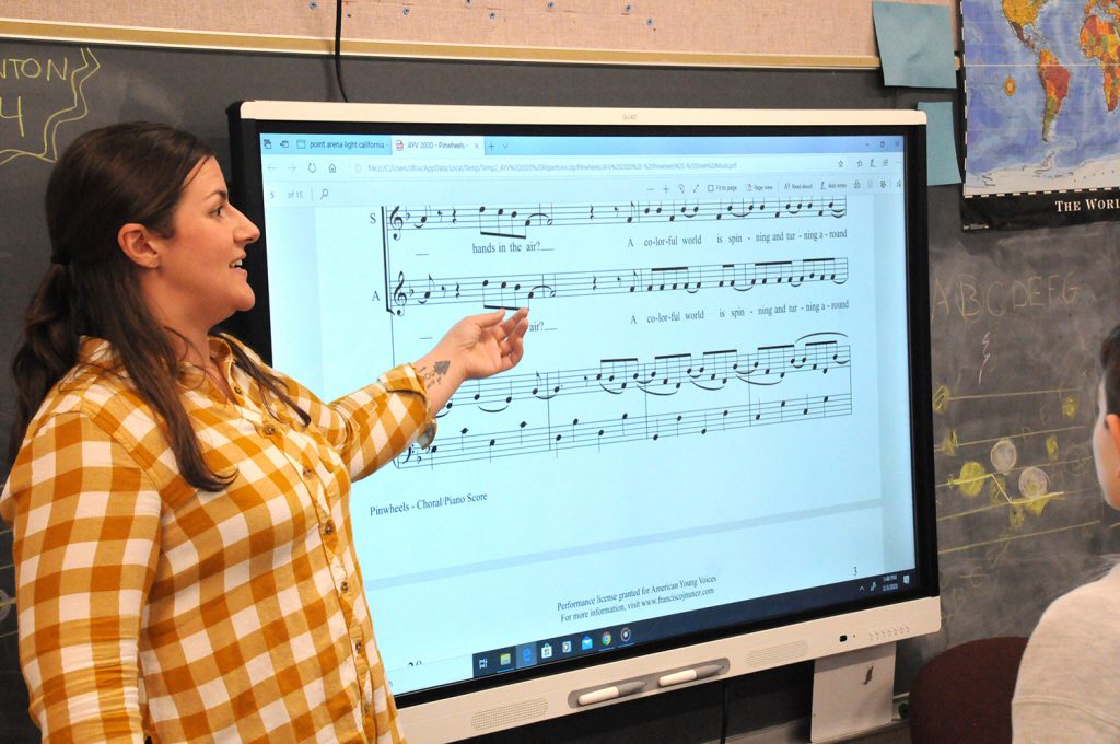 A teacher points at a smartboard displaying a musical score