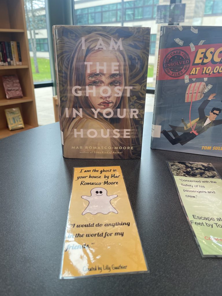 Books and ustom bookmarks on display in the library