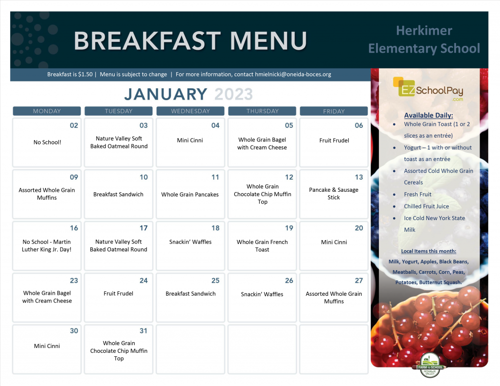 January 2023 Elementary School Breakfast Menu