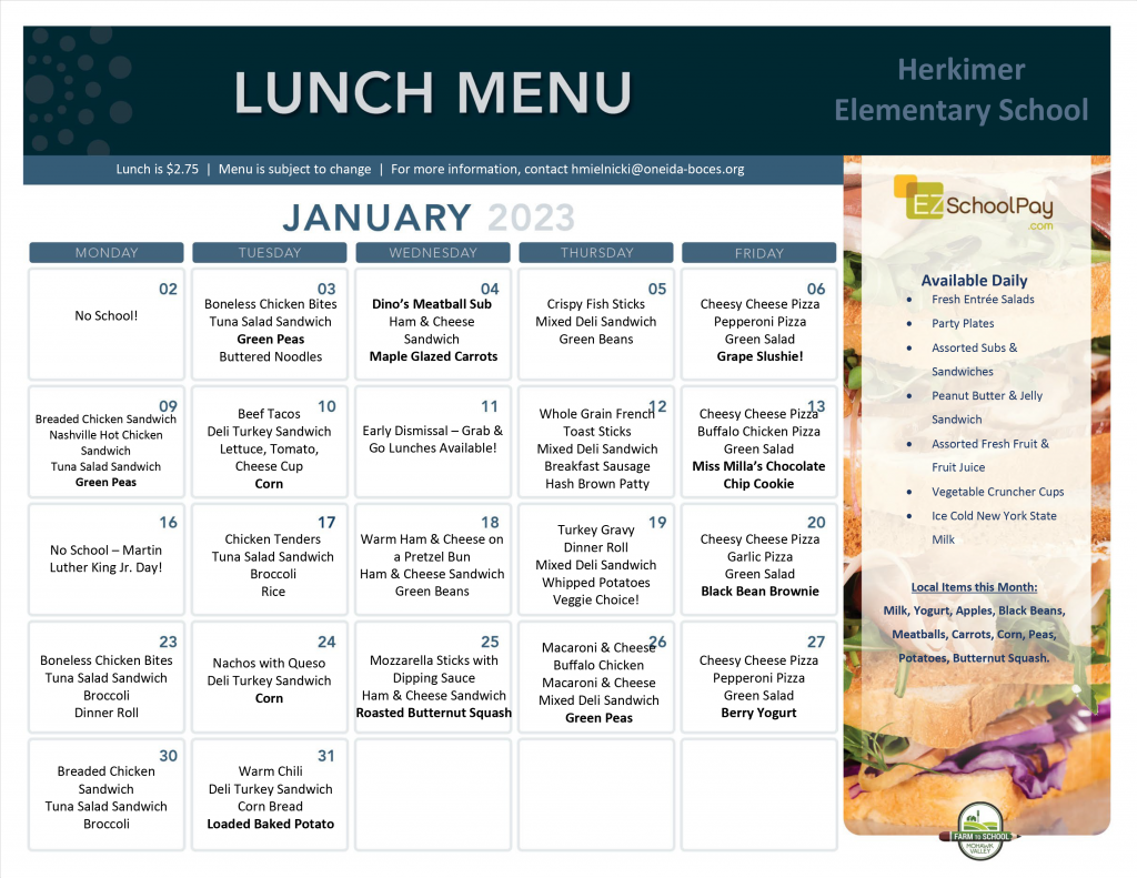 January 2023 Elementary School Lunch Menu