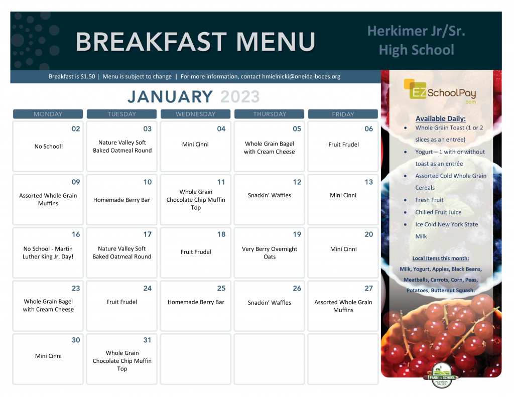 January 2023 Jr./Sr. High School Breakfast Menu