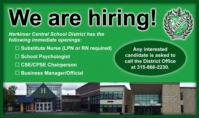 We are hiring for various positions. Any interested candidates are asked to call 315-866-2230.