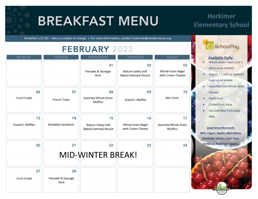 Herkimer Elementary School February 2023 Breakfast Menu