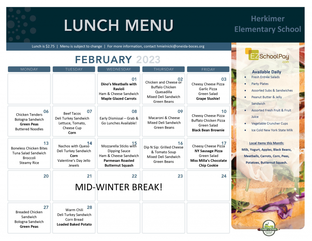 Herkimer Elementary School February 2023 Lunch Menu