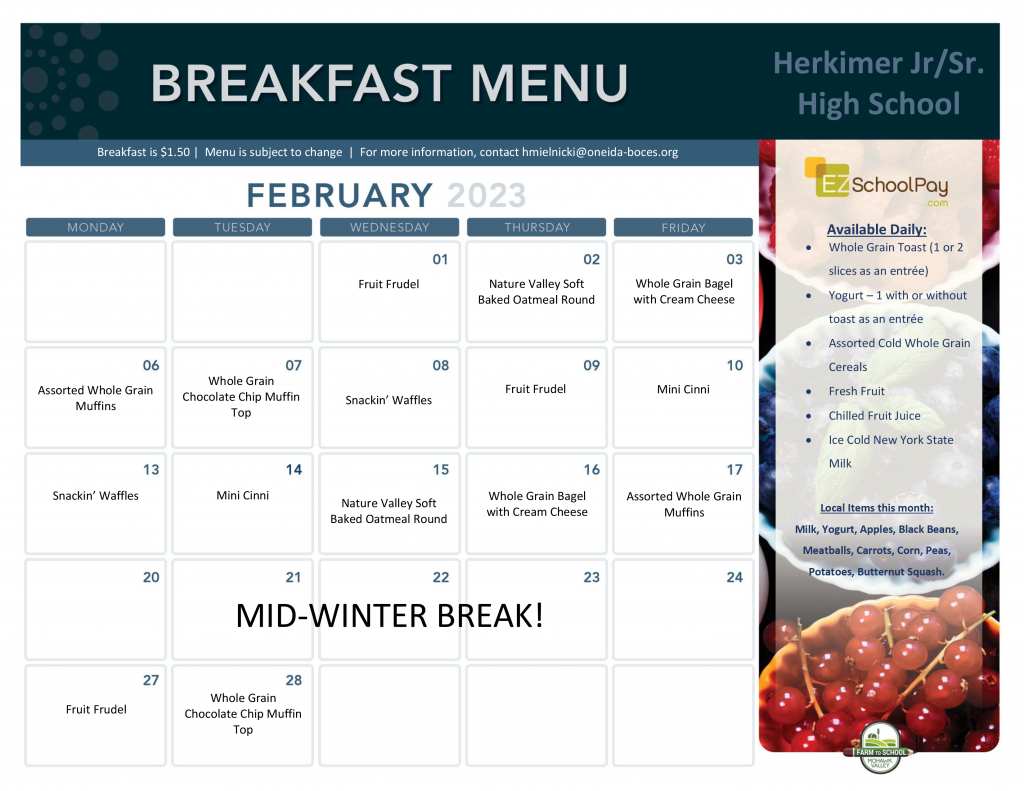 Herkimer Jr./Sr. High School February 2023 Breakfast Menu