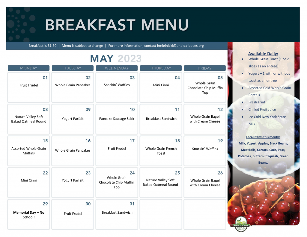 May 2023 Elementary breakfast menu