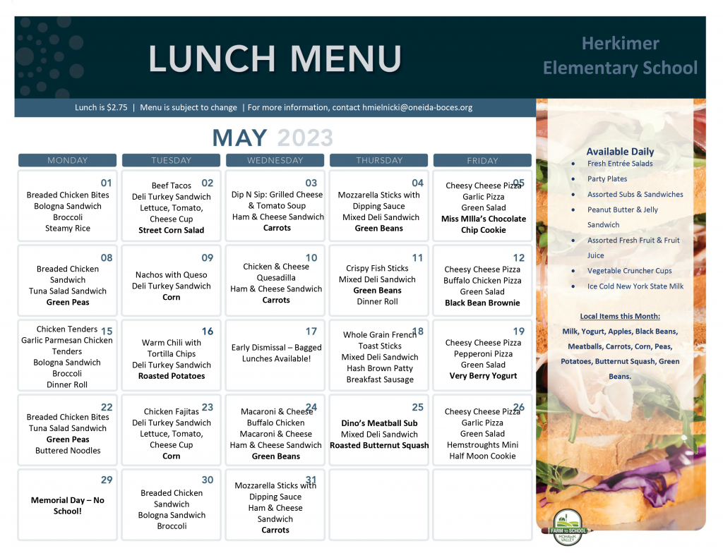 May 2023 elementary lunch menu
