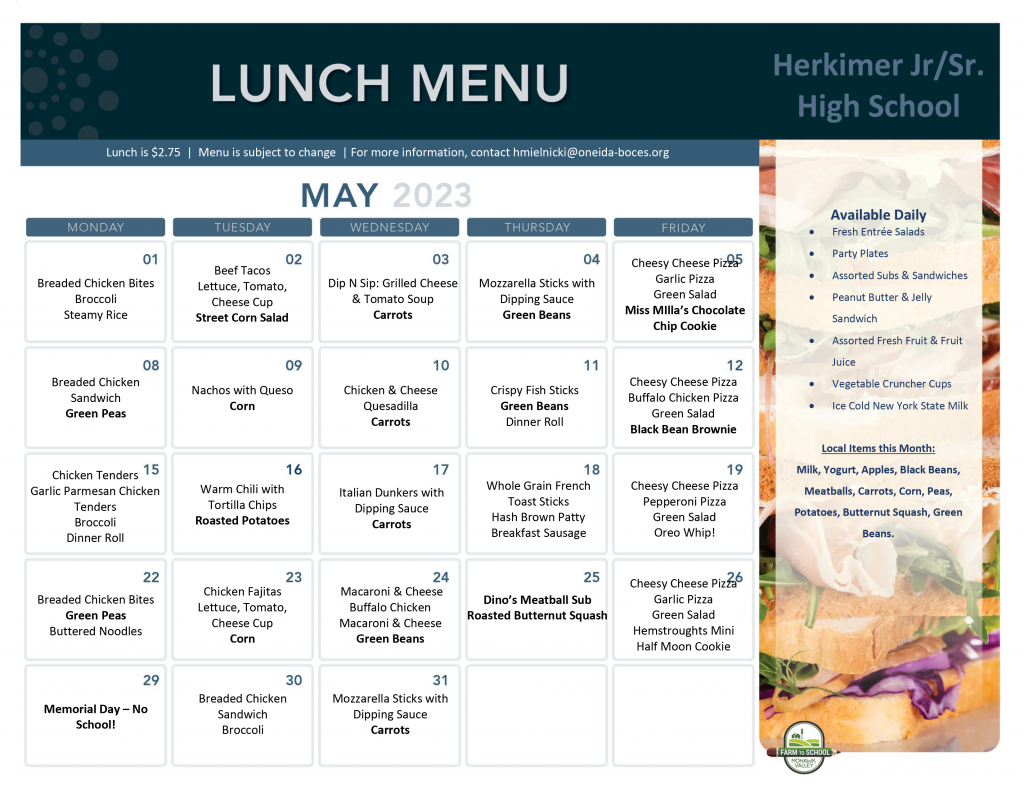 May 2023 high school lunch menu