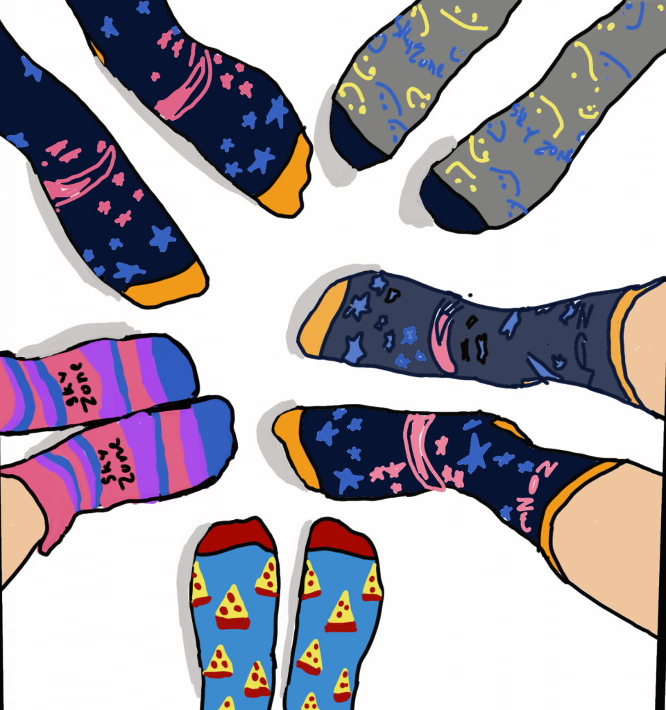 Gwendalyn McCutcheon artwork of five people's feet together in a circle wearing colorful socks