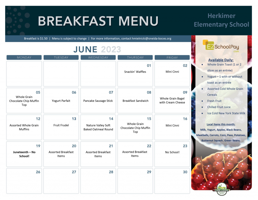 Herkimer Elementary Breakfast Menu June 2023