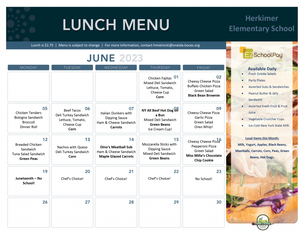 Herkimer Elementary Lunch Menu June 2023