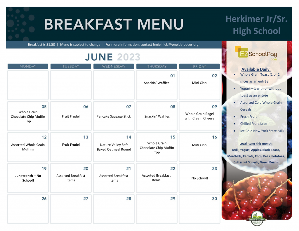 Herkimer High School Breakfast Menu June 2023