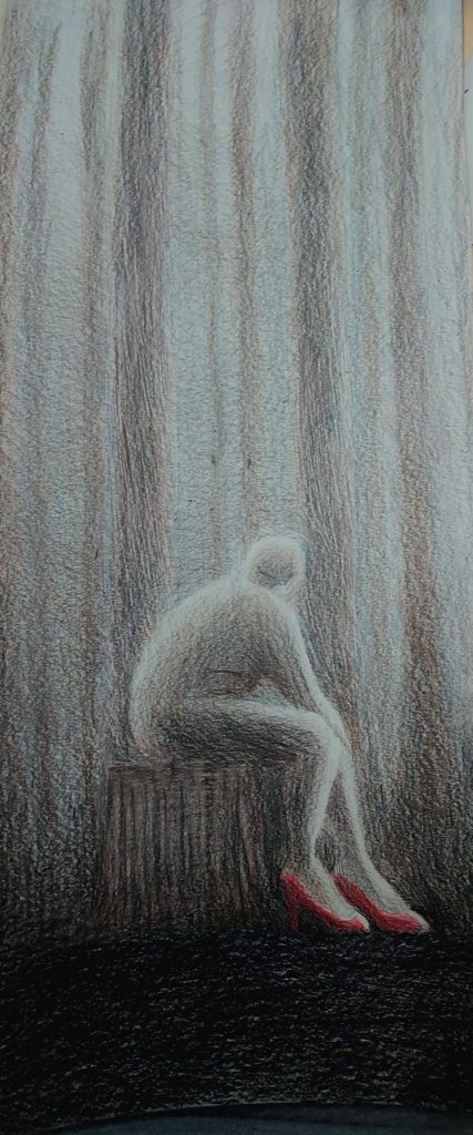 Lyla Williams artwork of a person sitting on a stump