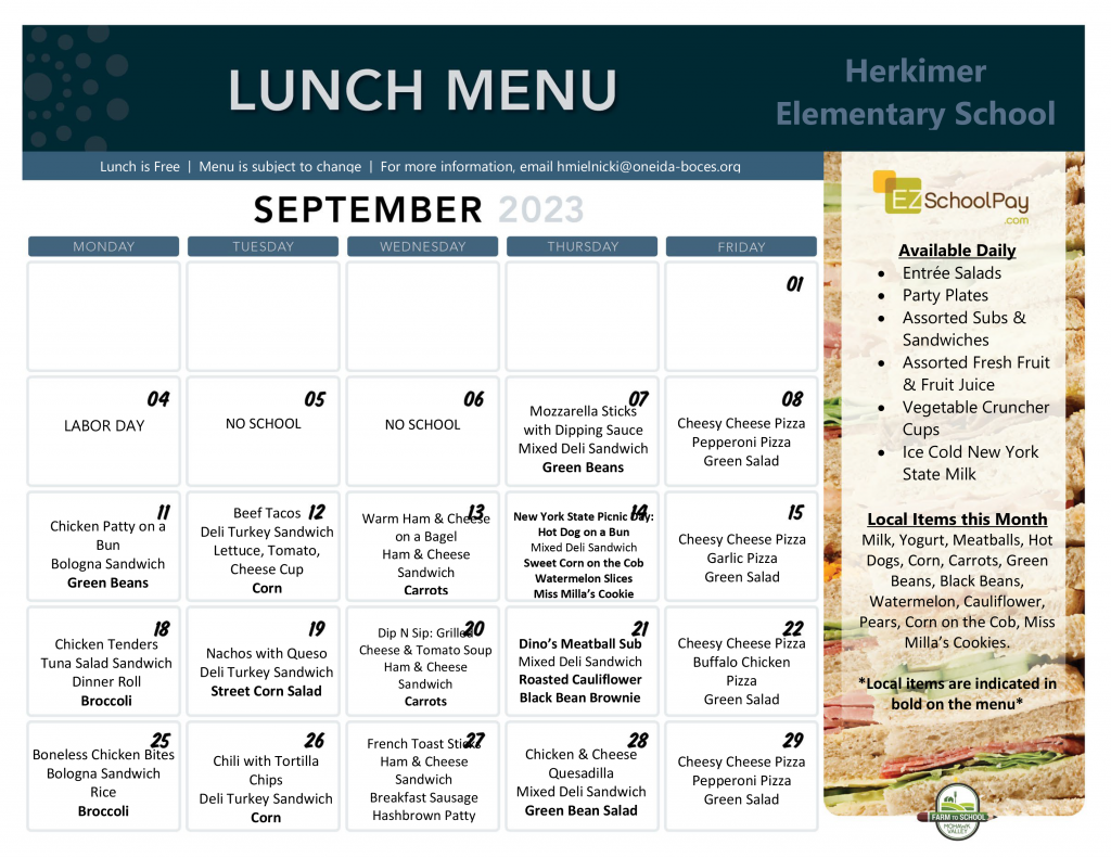 September 2023 Elementary Lunch Menu
