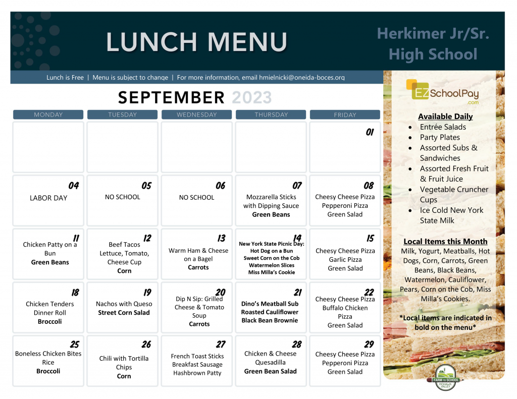 September 2023 High School Lunch Menu