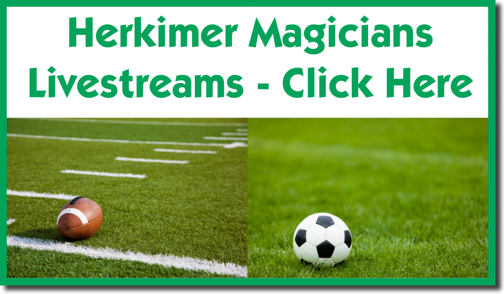 Herkimer Magicians Livestreams - Click here. Image of a football on a football field and a soccer ball on a soccer field.