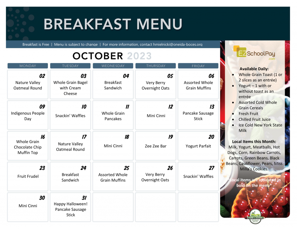 Elementary Breakfast Menu October 2023