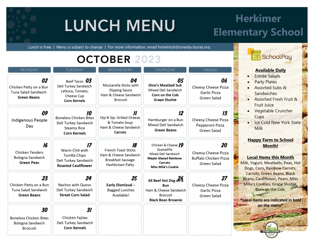 Elementary Lunch Menu October 2023