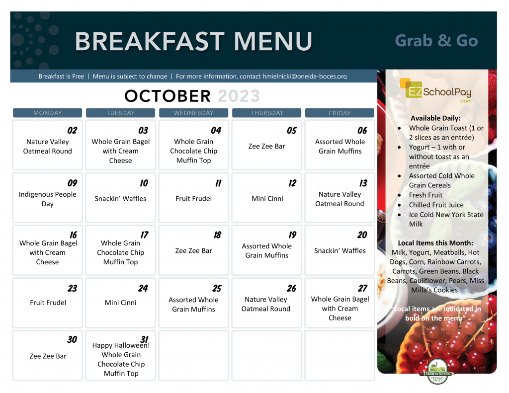 Jr./Sr. High School Breakfast Menu October 2023