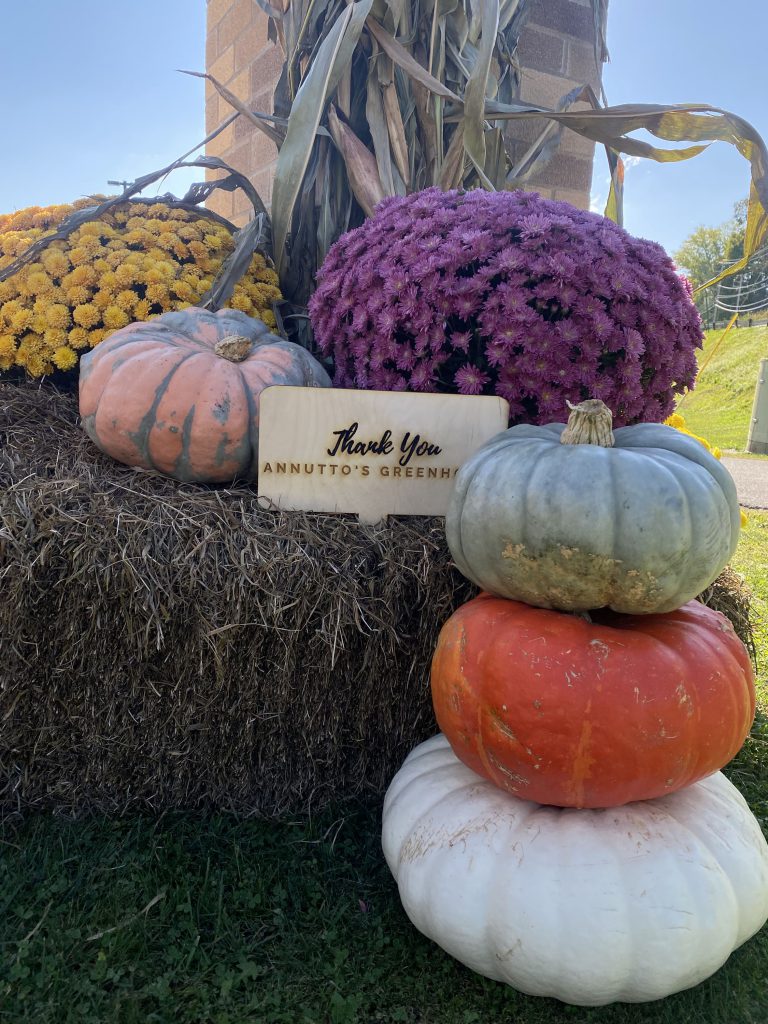 Fall harvest design with sign saying thank you to Annutto's Greenhouses