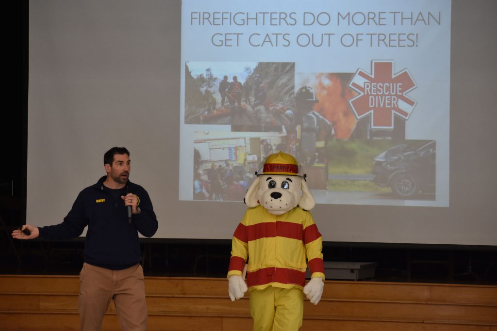 Richard Mathy and Sparky the Fire Dog at Fire Safety Assembly