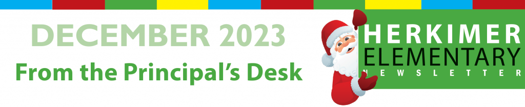 December 2023 Elementary Newsletter - From the Principal's Desk - with an illustration of Santa Claus
