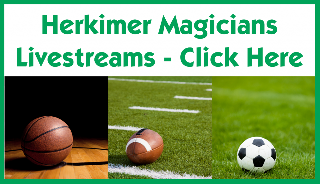 Herkimer Magicians Livestreams - Click Here. Images of basketball, football and soccer ball.