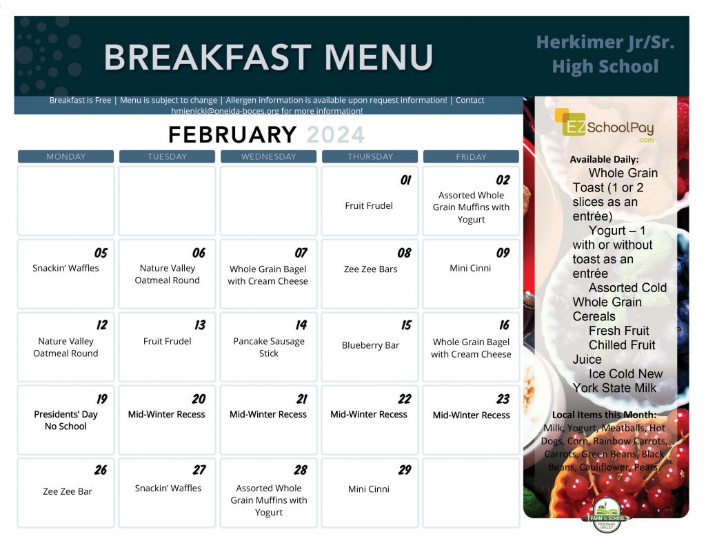 High School breakfast menu February 2024