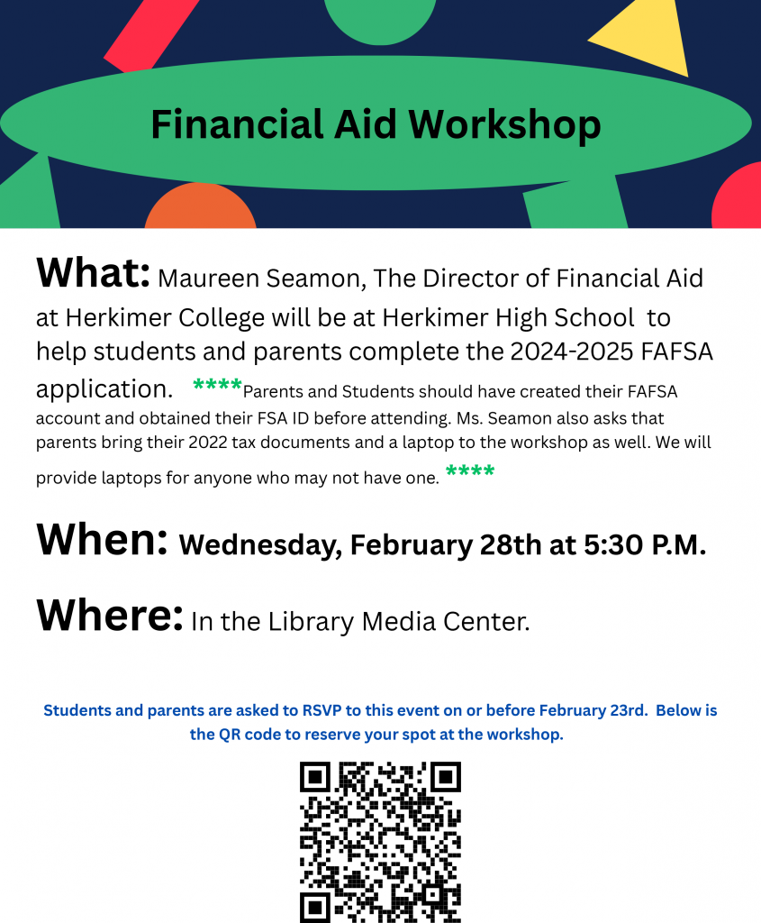 Financial aid workshop image repeating the text that is on this webpage.