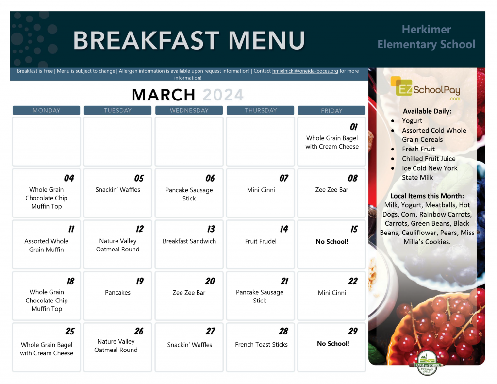 Herkimer elementary breakfast menu for March 2024