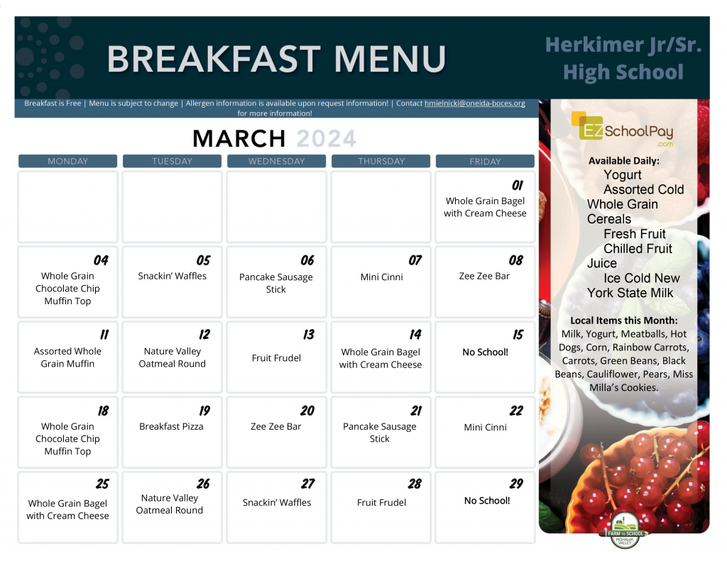 Herkimer high school breakfast menu for March 2024