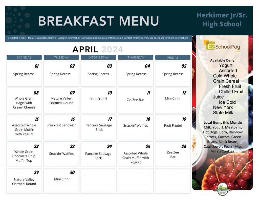 Herkimer high school breakfast menu April 2024