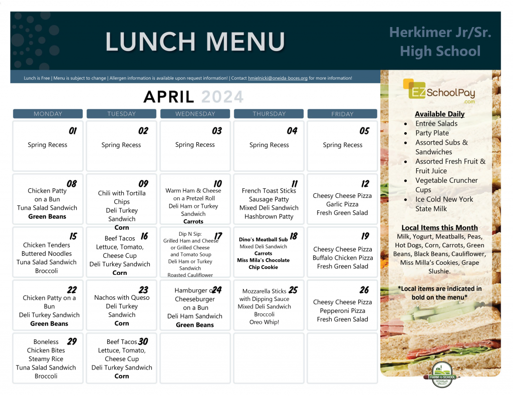 Herkimer high school lunch menu April 2024