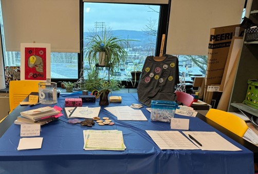 Art workshop materials on display