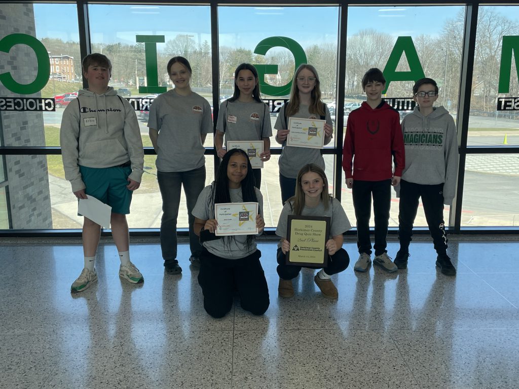 Herkimer Drug Quiz team members in the hallway at the high school