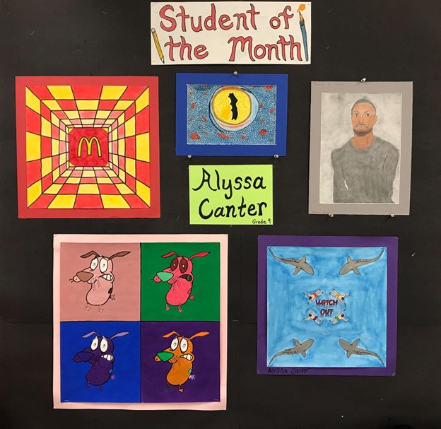 Alyssa art student of the month display board of artwork