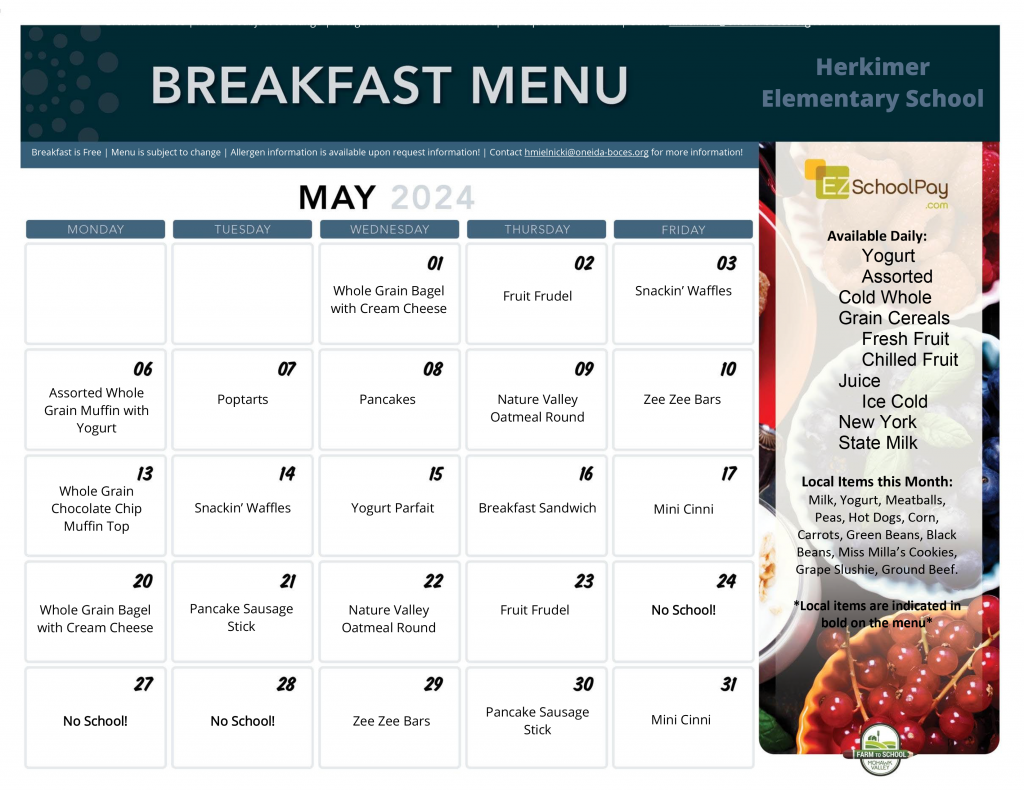 Elementary breakfast menu May 2024