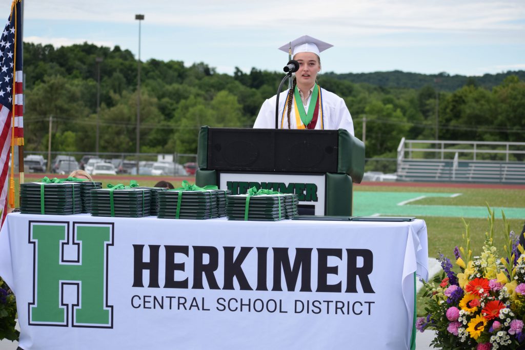 Valedictorian Victoria Stapf speaking at graduation