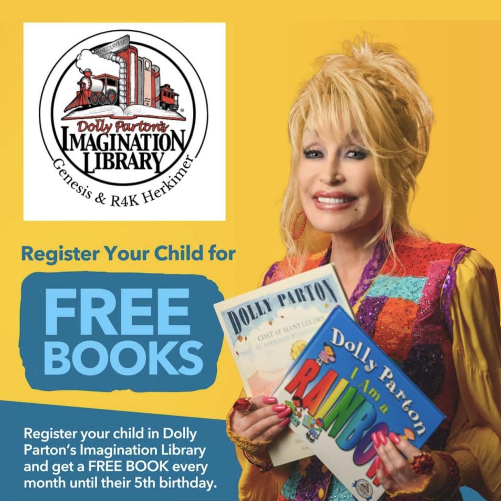 Dolly Parton holding books and wording stating to register for free books