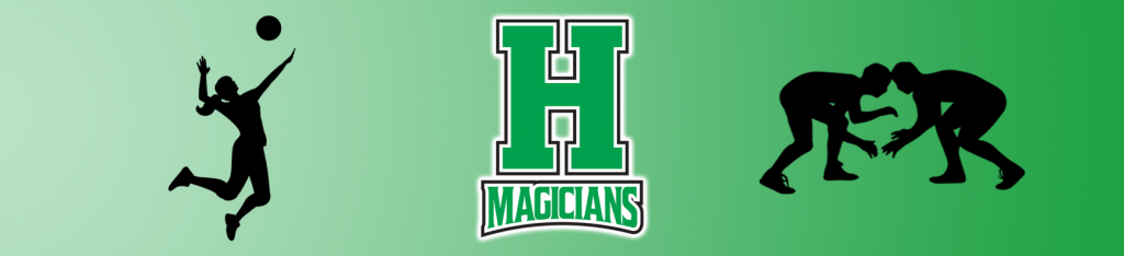 A graphic showing a shadow figures of a volleyball player and two wrestlers along with the Herkimer H logo with Magicians under it.