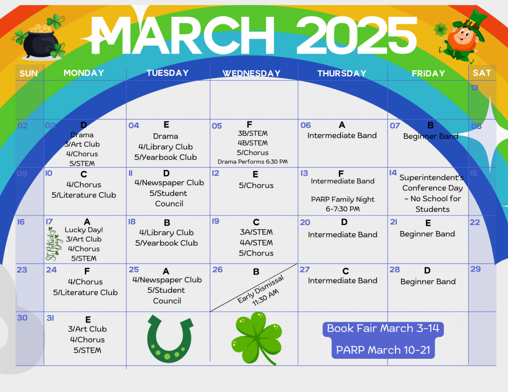 March 2025 A-F Calendar