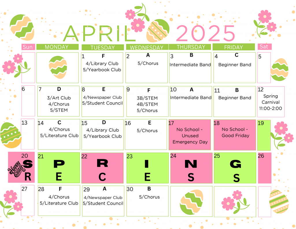 April 2025 A-F Calendar