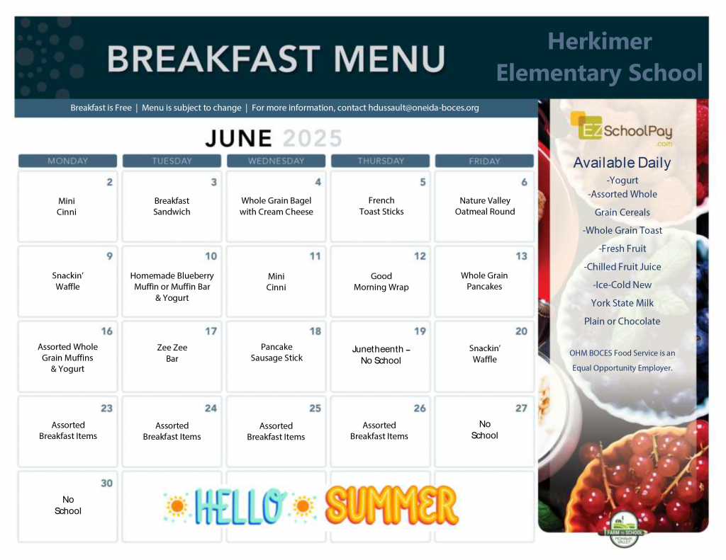 June 2025 Elementary School Breakfast Menu