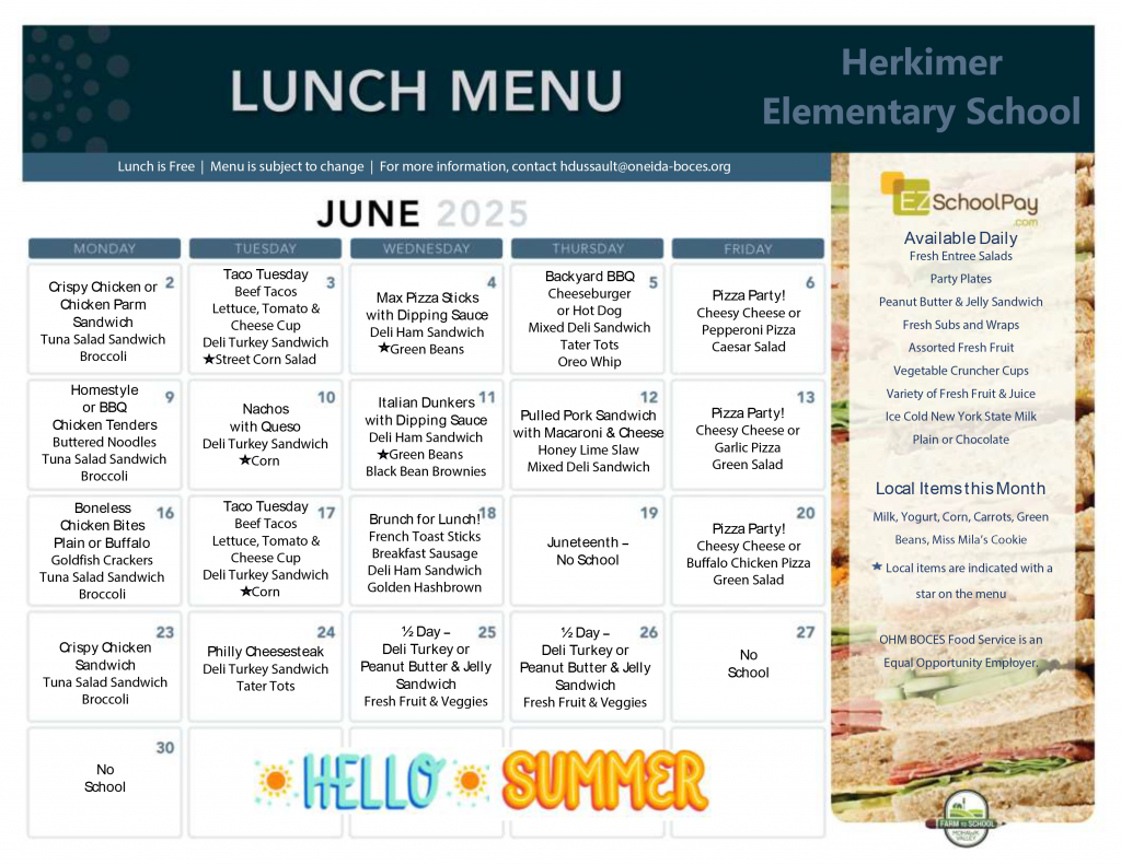 June 2025 Elementary School Lunch Menu