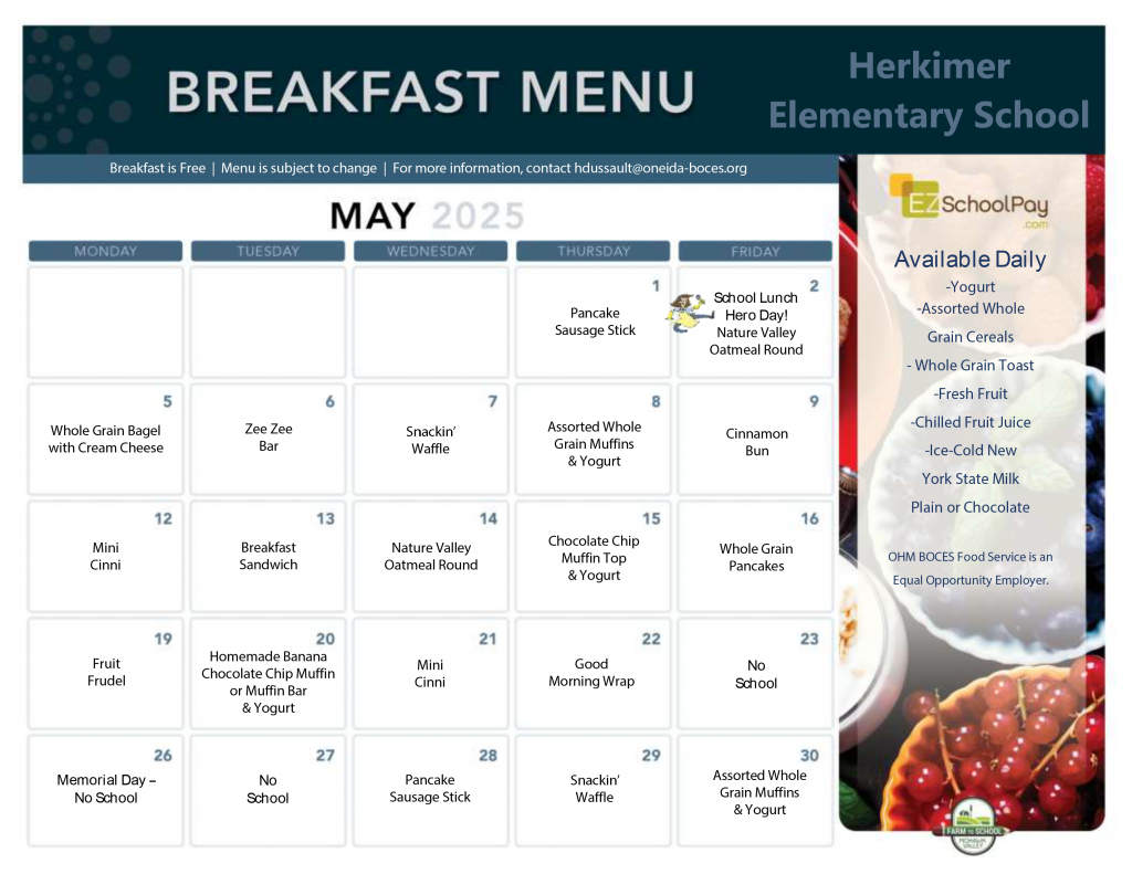 May 2025 Elementary School Breakfast Menu