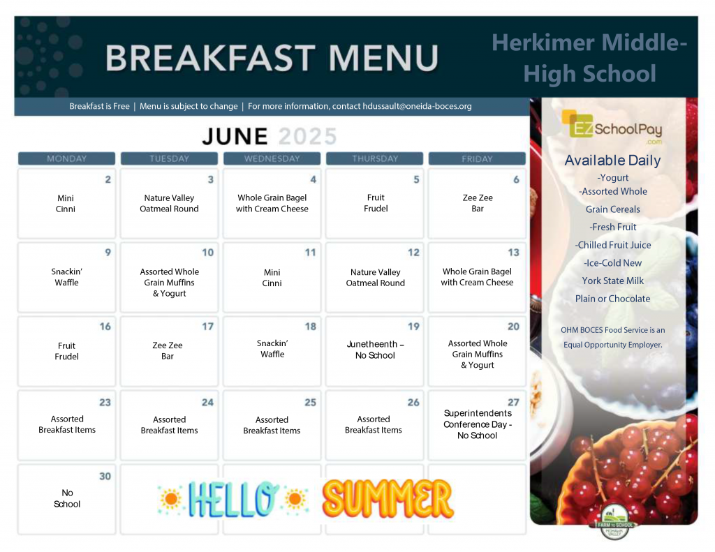 June 2025 Middle-High School Breakfast Menu