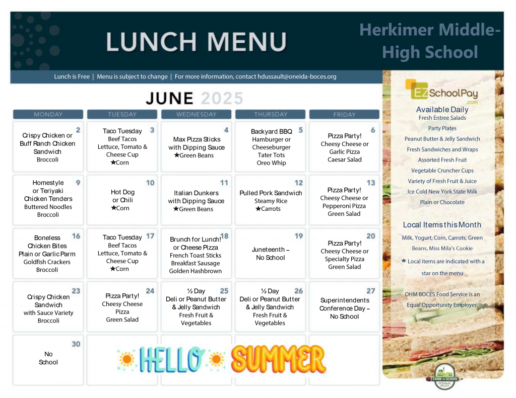 June 2025 Middle-High School Lunch Menu