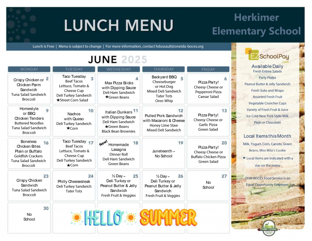 Elementary Lunch Menu June 2025 Updated version
