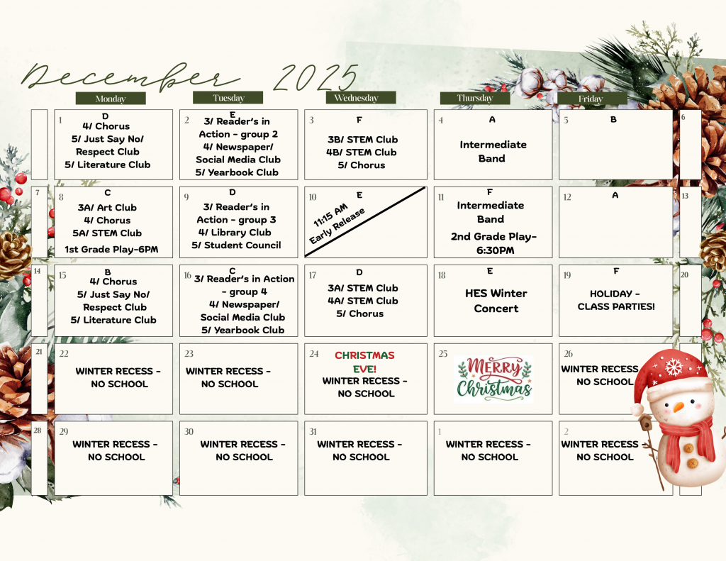 December 2025 Elementary A-F Calendar