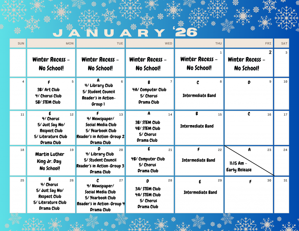 January 2026 Elementary A-F Calendar